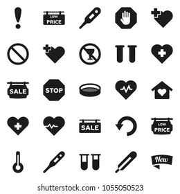 Flat vector icon set - sieve vector, heart pulse, prohibition sign, no alcohol, cross, attention, thermometer, vial, undo, stop, sale signboard, low price, love home, new