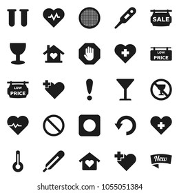 Flat vector icon set - sieve vector, heart pulse, prohibition sign, no alcohol, cross, attention, glass, rec button, thermometer, vial, undo, stop, sale signboard, low price, love home, new