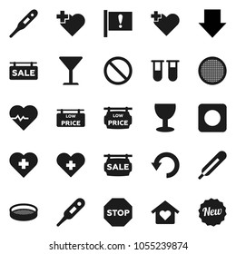 Flat vector icon set - sieve vector, arrow down, heart pulse, prohibition sign, cross, attention, glass, rec button, thermometer, vial, undo, stop, sale signboard, low price, love home, new