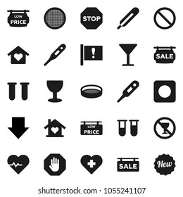 Flat vector icon set - sieve vector, arrow down, heart pulse, prohibition sign, no alcohol, cross, attention, glass, rec button, thermometer, vial, stop, sale signboard, low price, love home, new