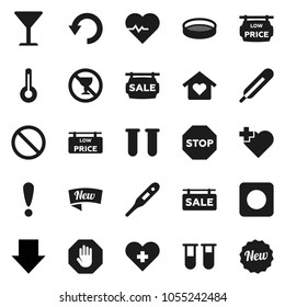 Flat vector icon set - sieve vector, arrow down, heart pulse, prohibition sign, no alcohol, cross, attention, glass, rec button, thermometer, vial, undo, stop, sale signboard, low price, love home