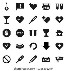 Flat vector icon set - sieve vector, arrow down, heart pulse, prohibition sign, cross, attention, glass, thermometer, vial, undo, stop, sale signboard, low price, love home, new