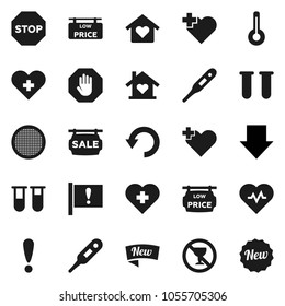 Flat vector icon set - sieve vector, arrow down, heart pulse, no alcohol sign, cross, attention, thermometer, vial, undo, stop, sale signboard, low price, love home, new