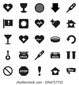 Flat vector icon set - sieve vector, arrow down, heart pulse, prohibition sign, cross, attention, glass, rec button, thermometer, vial, undo, stop, low price signboard, love home, new