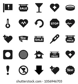 Flat vector icon set - sieve vector, arrow down, heart pulse, no alcohol sign, cross, attention, glass, rec button, thermometer, undo, stop, sale signboard, low price, love home, new