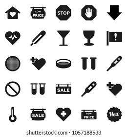 Flat vector icon set - sieve vector, arrow down, heart pulse, prohibition sign, cross, attention, glass, thermometer, vial, stop, sale signboard, low price, love home, new