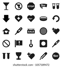 Flat vector icon set - sieve vector, arrow down, heart pulse, prohibition sign, no alcohol, cross, attention, glass, rec button, thermometer, vial, undo, stop, sale signboard, love home, new