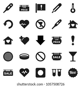 Flat vector icon set - sieve vector, arrow down, heart pulse, prohibition sign, no alcohol, cross, attention, glass, rec button, thermometer, vial, undo, sale signboard, low price, love home, new