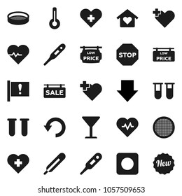 Flat vector icon set - sieve vector, arrow down, heart pulse, cross, attention, glass, rec button, thermometer, vial, undo, stop, sale signboard, low price, love home, new