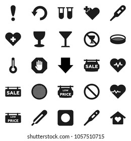 Flat vector icon set - sieve vector, arrow down, heart pulse, prohibition sign, no alcohol, attention, glass, rec button, cross, thermometer, vial, undo, stop, sale signboard, low price, love home