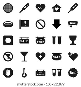 Flat vector icon set - sieve vector, arrow down, heart pulse, prohibition sign, no alcohol, attention, glass, rec button, cross, thermometer, vial, stop, sale signboard, low price, love home, new