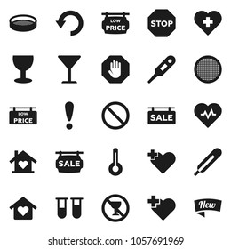 Flat vector icon set - sieve vector, heart pulse, prohibition sign, no alcohol, cross, attention, glass, thermometer, vial, undo, stop, sale signboard, low price, love home, new