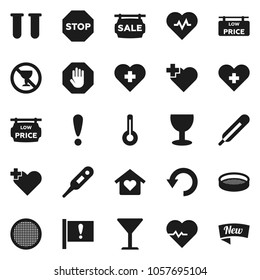 Flat vector icon set - sieve vector, heart pulse, no alcohol sign, cross, attention, glass, thermometer, vial, undo, stop, sale signboard, low price, love home, new