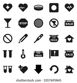 Flat vector icon set - sieve vector, arrow down, heart pulse, prohibition sign, no alcohol, cross, attention, glass, rec button, thermometer, vial, undo, stop, sale signboard, low price, love home