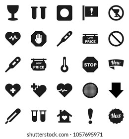 Flat vector icon set - sieve vector, arrow down, heart pulse, prohibition sign, no alcohol, cross, attention, glass, rec button, thermometer, vial, stop, low price signboard, love home, new