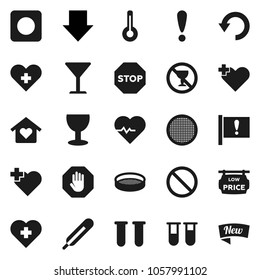 Flat vector icon set - sieve vector, arrow down, heart pulse, prohibition sign, no alcohol, cross, attention, glass, rec button, thermometer, vial, undo, stop, low price signboard, love home, new