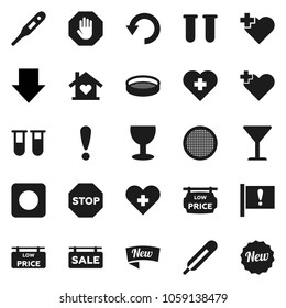 Flat vector icon set - sieve vector, arrow down, heart cross, attention, glass, rec button, thermometer, vial, undo, stop, sale signboard, low price, love home, new