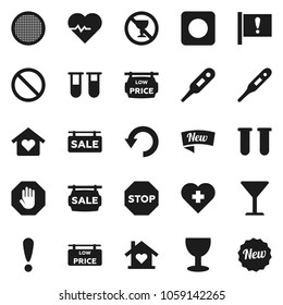 Flat vector icon set - sieve vector, heart pulse, prohibition sign, no alcohol, cross, attention, glass, rec button, thermometer, vial, undo, stop, sale signboard, low price, love home, new