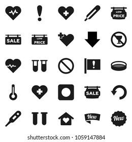 Flat vector icon set - sieve vector, arrow down, heart pulse, prohibition sign, no alcohol, cross, attention, rec button, thermometer, vial, undo, sale signboard, low price, love home, new