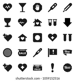 Flat vector icon set - sieve vector, arrow down, heart pulse, cross, attention, glass, rec button, thermometer, vial, stop, sale signboard, low price, love home, new