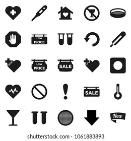 Flat vector icon set - sieve vector, arrow down, heart pulse, prohibition sign, no alcohol, cross, attention, glass, rec button, thermometer, vial, undo, stop, sale signboard, low price, love home