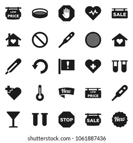 Flat vector icon set - sieve vector, heart pulse, prohibition sign, cross, attention, glass, thermometer, vial, undo, stop, sale signboard, low price, love home, new