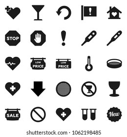 Flat vector icon set - sieve vector, arrow down, heart pulse, prohibition sign, no alcohol, cross, attention, glass, thermometer, vial, undo, stop, sale signboard, low price, love home, new