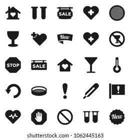 Flat vector icon set - sieve vector, heart pulse, prohibition sign, no alcohol, cross, attention, glass, thermometer, vial, undo, stop, sale signboard, love home, new