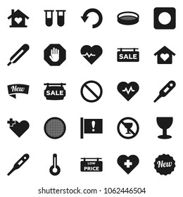 Flat vector icon set - sieve vector, heart pulse, prohibition sign, no alcohol, cross, attention, glass, rec button, thermometer, vial, undo, stop, sale signboard, low price, love home, new