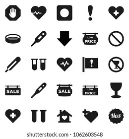 Flat vector icon set - sieve vector, arrow down, heart pulse, prohibition sign, no alcohol, cross, attention, glass, rec button, thermometer, vial, stop, sale signboard, low price, love home, new