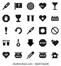 Flat vector icon set - sieve vector, arrow down, heart pulse, prohibition sign, attention, glass, rec button, cross, thermometer, vial, undo, stop, sale signboard, low price, love home