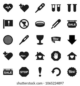 Flat vector icon set - sieve vector, arrow down, heart pulse, no alcohol sign, cross, attention, glass, thermometer, vial, undo, stop, sale signboard, love home, new