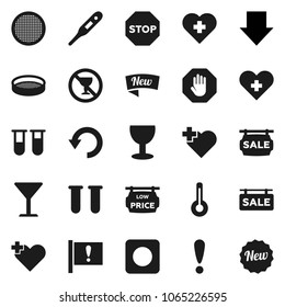 Flat vector icon set - sieve vector, arrow down, no alcohol sign, heart cross, attention, glass, rec button, thermometer, vial, undo, stop, sale signboard, low price, new