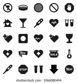 Flat vector icon set - sieve vector, arrow down, heart pulse, prohibition sign, no alcohol, cross, glass, rec button, thermometer, vial, stop, sale signboard, love home, new