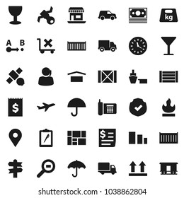 Flat vector icon set - signpost vector, map pin, office, plane, satellite, money, phone, support, sea container, delivery, car, clock, receipt, port, wood box, consolidated cargo, clipboard, glass
