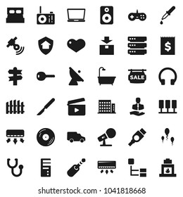 Flat vector icon set - signpost vector, client, car, receipt, package, satellite antenna, cinema clap, disk, microphone, satellitie, headphones, speaker, heart, hdmi, jack, dropper, scalpel, sperm