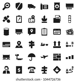 Flat vector icon set - signpost vector, navigator, map pin, Railway carriage, plane, satellite, money, traffic light, phone, 24, support, traking, truck trailer, car, calendar, receipt, port, search