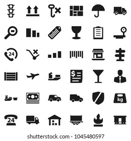 Flat vector icon set - signpost vector, office, plane, money, traffic light, phone 24, client, ship, truck trailer, delivery, car, receipt, port, wood box, consolidated cargo, clipboard, glass, hook
