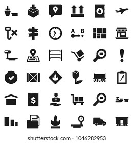 Flat vector icon set - signpost vector, navigator, Railway carriage, attention, office, plane, client, traking, car, clock, receipt, port, wood box, consolidated cargo, clipboard, document, dry