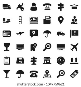 Flat vector icon set - signpost vector, navigator, map pin, attention, office, plane, satellite, money, traffic light, phone, 24, support, client, traking, ship, truck trailer, delivery, car, clock