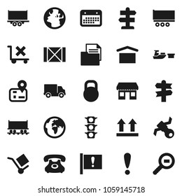 Flat vector icon set - signpost vector, navigator, earth, Railway carriage, attention, office, satellite, traffic light, phone, truck trailer, delivery, calendar, port, wood box, document, cargo