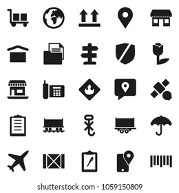 Flat vector icon set - signpost vector, earth, map pin, Railway carriage, office, plane, satellite, phone, traking, truck trailer, wood box, clipboard, document, cargo, umbrella, dry, top sign