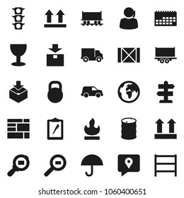 Flat vector icon set - signpost vector, earth, Railway carriage, traffic light, support, traking, truck trailer, delivery, car, calendar, wood box, consolidated cargo, clipboard, glass, umbrella
