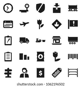 Flat vector icon set - signpost vector, Railway carriage, attention, office, plane, support, truck trailer, delivery, clock, calendar, receipt, port, clipboard, tulip, package, sorting, protected