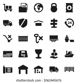 Flat vector icon set - signpost vector, earth, phone, 24, client, ship, truck trailer, sea container, delivery, calendar, port, document, glass, cargo, dry, no trolley, hook, warehouse, protected