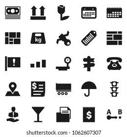 Flat vector icon set - signpost vector, map pin, attention, satellite, money, traffic light, phone, client, truck trailer, calendar, receipt, consolidated cargo, document, glass, umbrella, top sign
