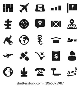 Flat vector icon set - signpost vector, navigator, earth, attention, plane, satellite, phone 24, support, traking, clock, receipt, port, wood box, consolidated cargo, dry, no trolley, hook, sorting
