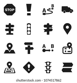 Flat vector icon set - signpost vector, navigator, map pin, traffic light, car, route, attention sign, stop