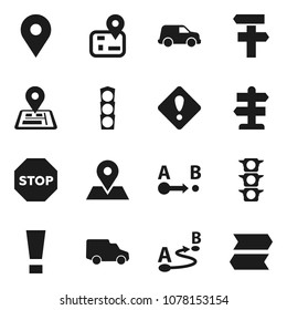 Flat vector icon set - signpost vector, navigator, map pin, traffic light, car, route, attention sign, stop