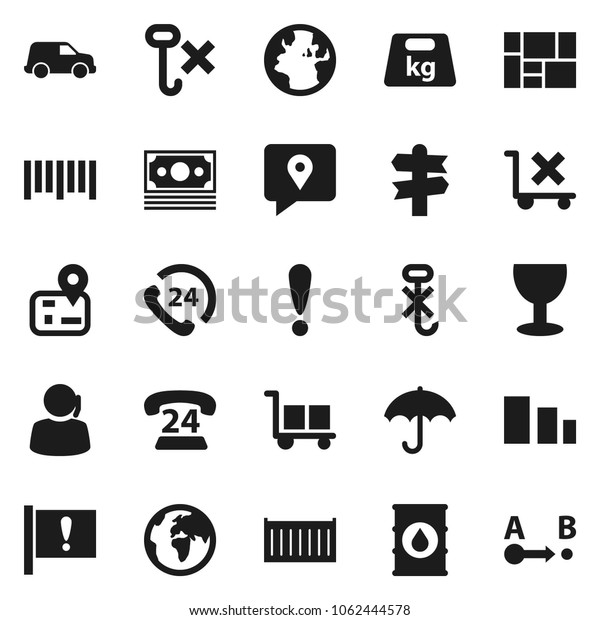 Flat vector icon set - signpost vector, navigator,\
earth, attention, money, phone 24, support, traking, sea container,\
car, consolidated cargo, glass, umbrella, no trolley, hook,\
sorting, weight